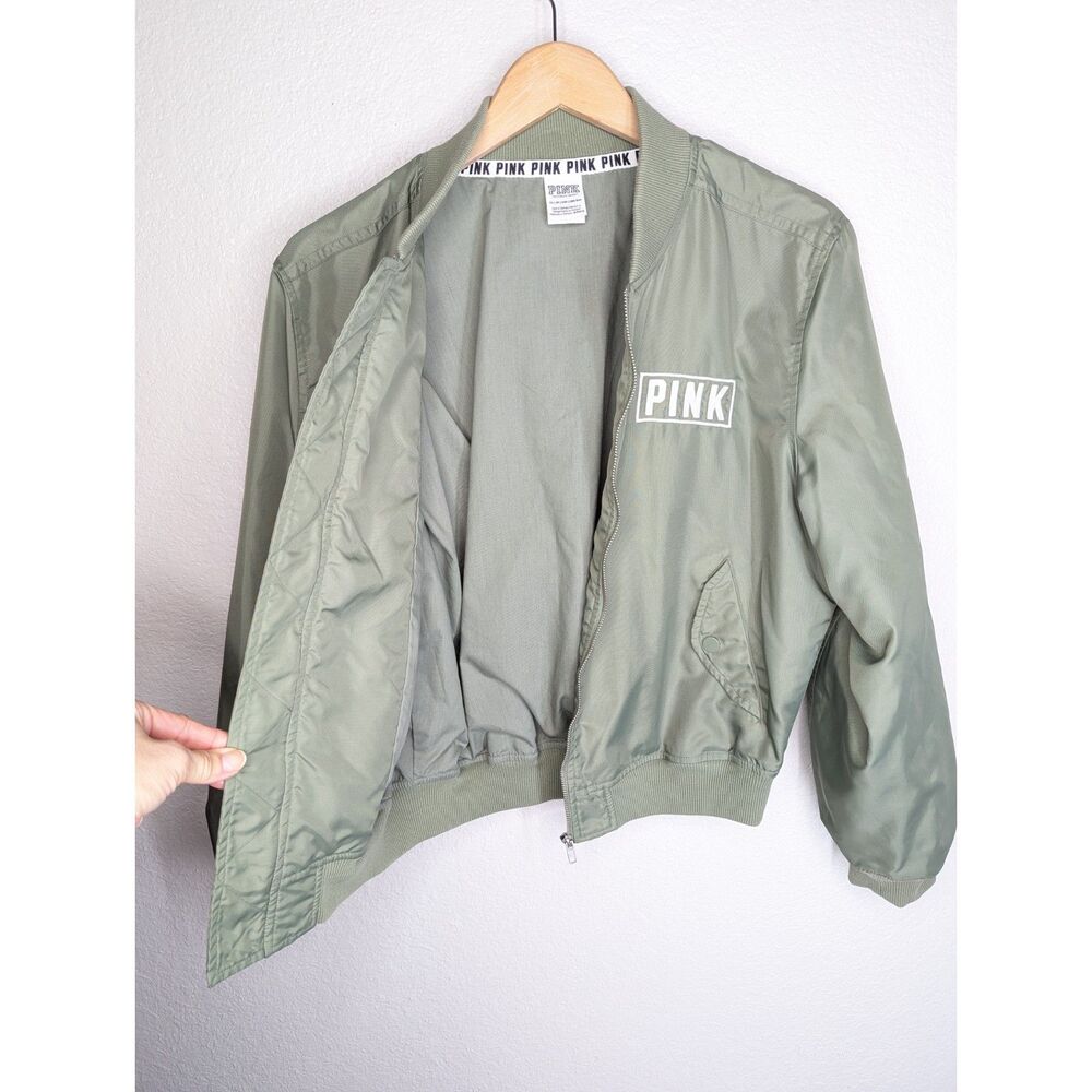 Victoria's Secret PINK Full Zip Flight Jacket Sz XS Sage Green White Bomber - Picture 3 of 6